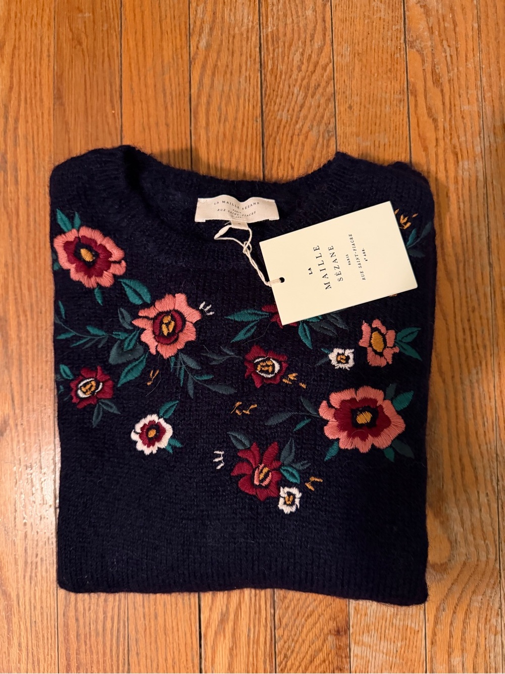 NWT Sezane Pam jumper in Marine Floral Embroidery